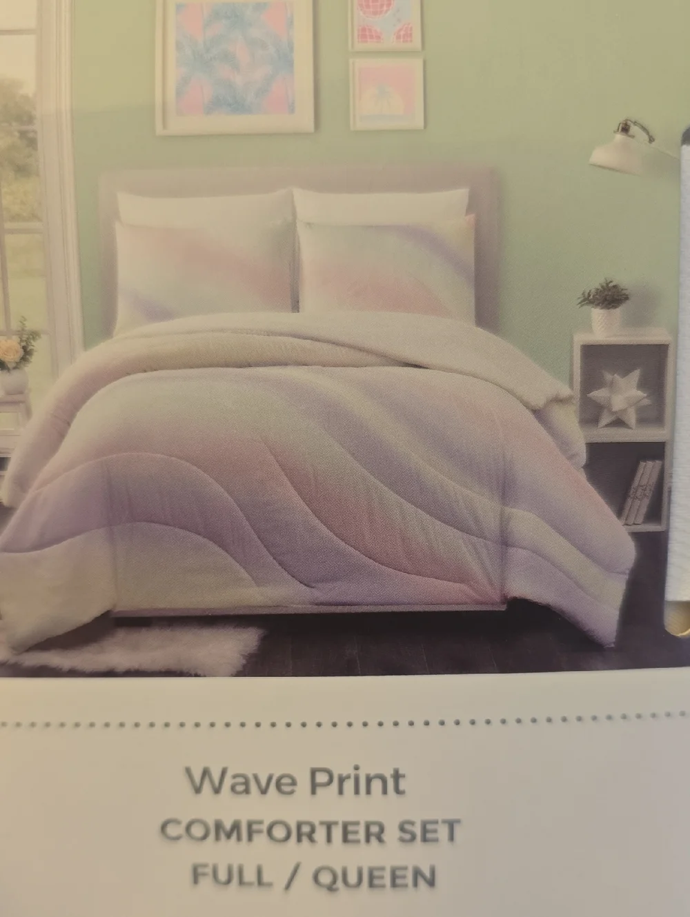 Wave Print Comforter & 2 Standard Shams Set - Pastel Multicolor (Full/Queen) New